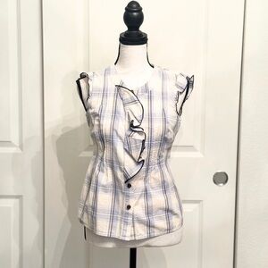Edme & Esyllte (Anthropologie) Blue Plaid Ruffled Button-Down Blouse Top, 0